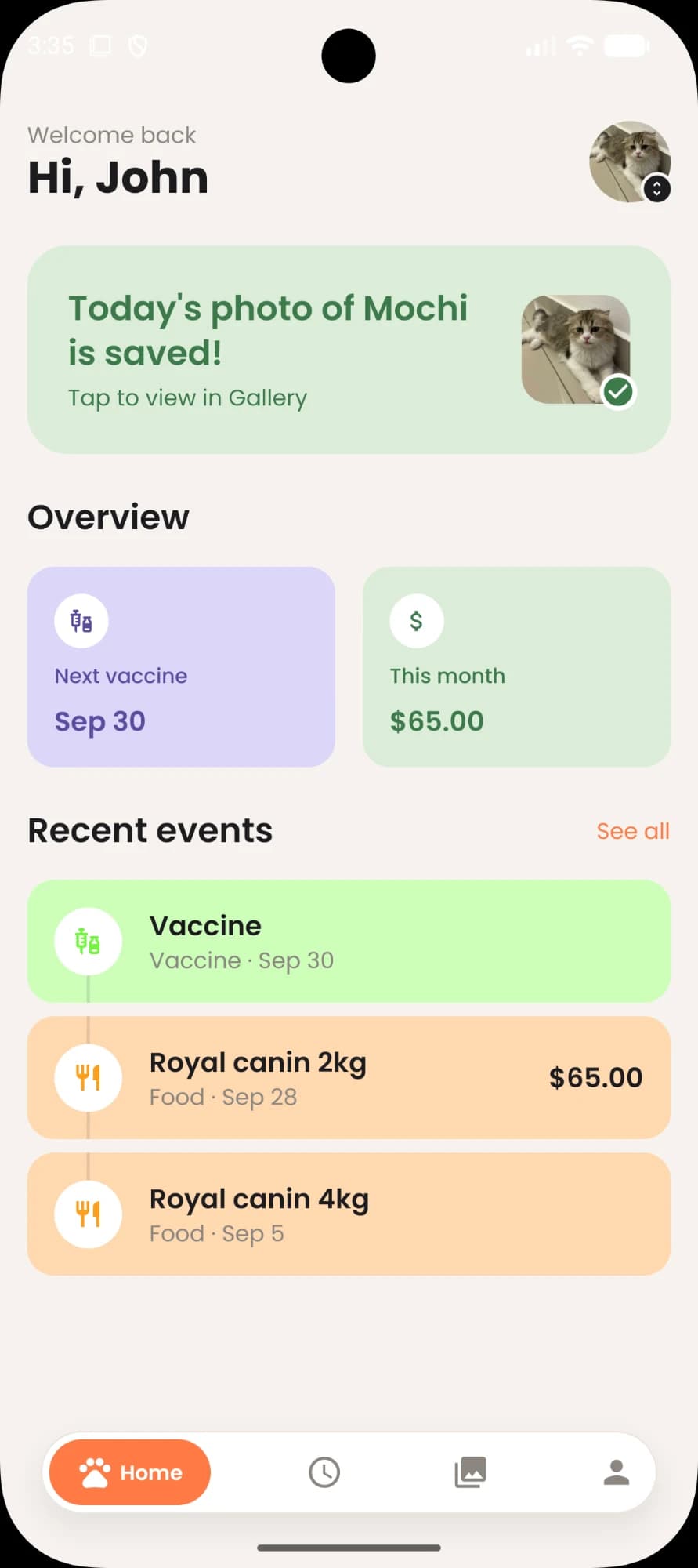 Kibblr home screen: today's cat photo, next vaccine date, this month's spending, and recent events