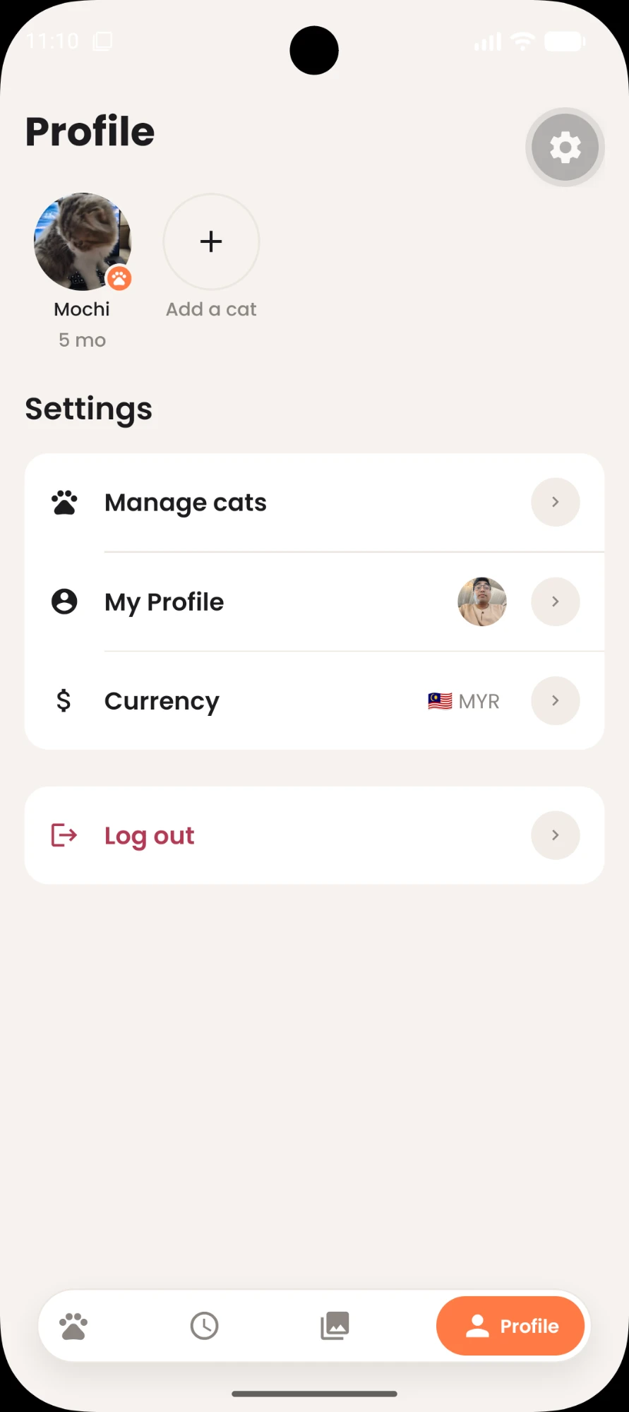 Kibblr profile: your cats, plus settings for managing cats, your profile, and currency