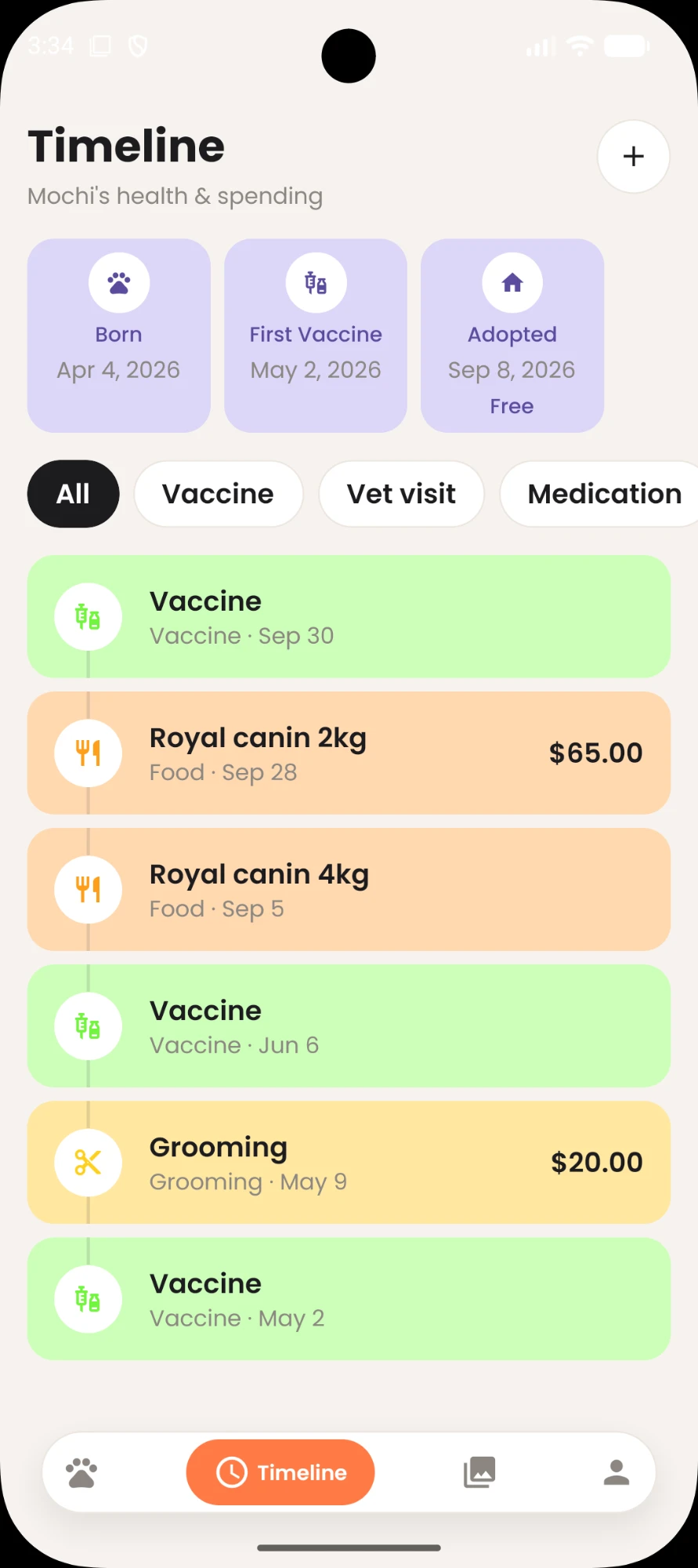 Kibblr timeline: life highlights, category filters, and colour-coded vaccine, food, and grooming events with costs