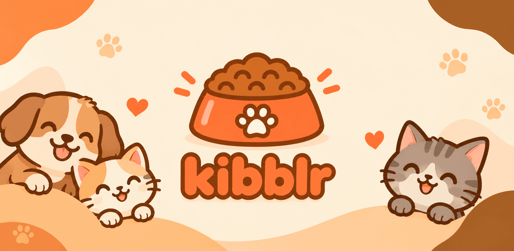 A happy puppy and two kittens around a bowl of kibble, with the Kibblr logo